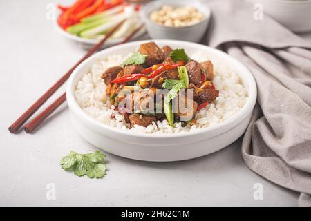 Kung pao oder Kung po, traditionelles chinesisches Essen, zubereitet mit Huhn, Rind- oder Schweinefleisch, manchmal Meeresfrüchte, mit Reis als Beilage, Backgro aus Beton Stockfoto