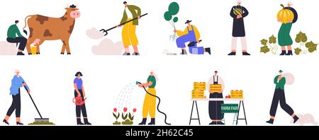 Landwirtschaftliche Farmer Zeichen, Boden zu kultivieren, Pflanzen von Pflanzen, Ernte. Bauernhof Arbeiter Melken Kuh, Bewässerung Boden Vektor Illustration set. Arbeiten Stock Vektor
