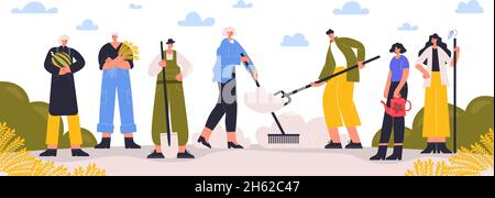 Farmer Charaktere stehen mit Ernte und Bauernhof-Werkzeuge. Landwirtschaftliche Landarbeiter Pflanzen Kulturen und Ernte Vektor-Illustration. Landarbeiter Stock Vektor