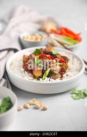 Kung pao oder Kung po, traditionelles chinesisches Essen, zubereitet mit Hühnchen-, Rind- oder Schweinefleisch, manchmal Meeresfrüchte, mit Reis als Beilage Stockfoto