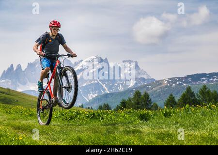 Rad mit E-Bike auf einem grünen Feld mit Pale di san martino Berg im Hintergrund, dolomiten, fuciade, soraga di fassa, trient, italien Stockfoto