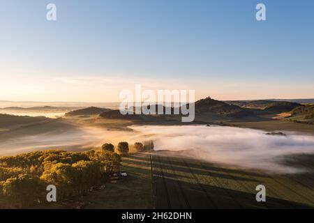 deutschland, thüringen, mühlberg, wachsenburg, gleiche Burg, mühlburg, Landschaft, Felder, Bodennebel, Rücklicht Stockfoto