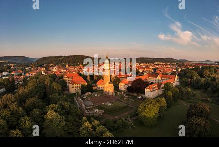 deutschland, thüringen, arnstadt, neideckturm, Burgruine, Bezirksamt; neuer Palast, Stadt, Morgenlicht Stockfoto