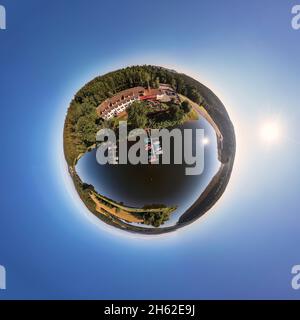 deutschland, thüringen, ilmenau, heyda, Damm, Haus, Boote, Wald, Sonnenschein, Luftbild, teilweise Rücklicht, kugelförmiges Panorama Stockfoto