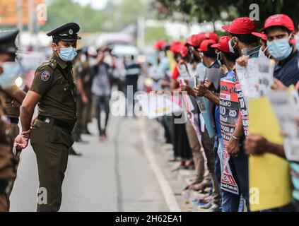 Colombo, Sri Lanka. November 2021. 12. November 2021, colombo, Sri Lanka: Gewerkschaftsaktivisten protestieren am 2022. November 2021 in Colombo vor dem parlament und fordern eine Gehaltserhöhung für das Budget 12. Finanzminister Basil Rajapaksa wird heute im Parlament den Haushalt vorstellen. Kredit: ZUMA Press, Inc./Alamy Live Nachrichten Stockfoto