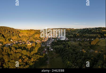 deutschland,thüringen,ländliche Gemeinde schwarzatal,deesbach,Dorf,Übersicht,Morgenlicht Stockfoto