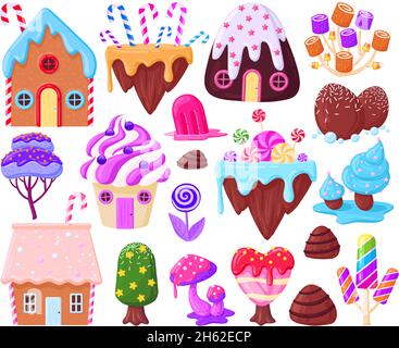 Cartoon süße Fantasie Lebkuchenhäuser und Karamellbäume. Märchen süße Süßigkeiten Land Elemente, Kekshäuser, Lollipop Pflanzen Vektor-Illustration Stock Vektor