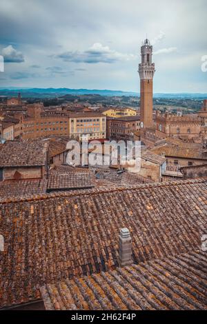 siena, toskana, italien, erhöhter Blick auf torre del mangia und piazza del campo, historische Stadt Stockfoto