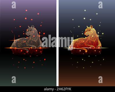 Rote Tiger Silhouette und Muster. Lichtblitze und Schneeflocken. Ein Symbol des neuen Jahres. Poster, Postkarte, Grußformel. Stock Vektor