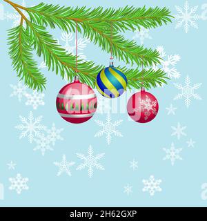 Vektor Weihnachten oder Neujahr Hintergrund Poster mit Tannenzweigen und hängenden Weihnachtskugeln Dekoration auf blau mit weißen Schneeflocken Hintergrund Stock Vektor