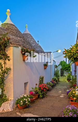 alberobello, provinz bari, salento, apulien, italien, europa. Sonnenaufgang in Alberobelle mit den typischen Trulli-Häusern mit ihrem konischen Dach im Trockenbau-Stil Stockfoto