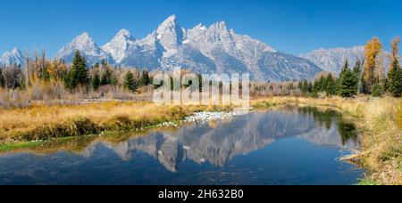 Das Tetongebirge erhebt sich hoch über den ruhigen Reflexionen in den Gewässern der Schwabacher Landing. Grand Teton National Park, Wyoming Stockfoto