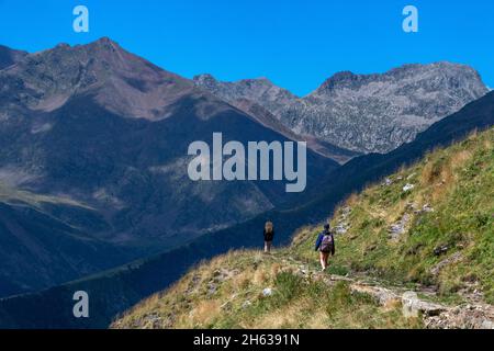 Wandern auf dem grünen Weg der Via verde del Carrilet am Stausee der Lagune von Estany gento. Vall fosca Lleida Provinz, Katalonien, Spanien. 12.4 km lange Wanderung (rund t Stockfoto