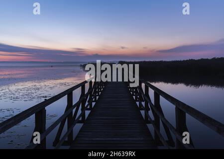 federsee-Fußgängerbrücke, Bad buchau, blaue Stunde Stockfoto