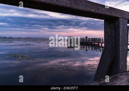 federsee-Fußgängerbrücke, Bad buchau, blaue Stunde Stockfoto