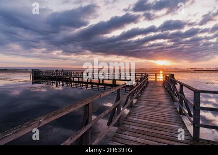 federsee-Fußgängerbrücke, Bad buchau, Sonnenaufgang Stockfoto