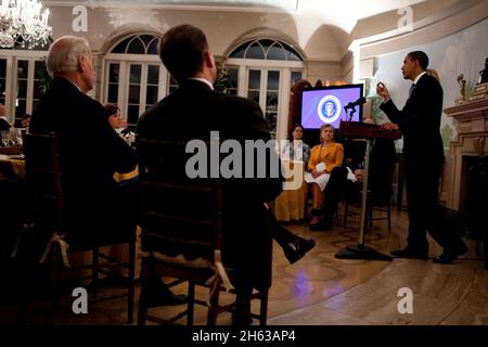 Präsident Barack Obama spricht beim Rückzug des Kabinetts und der leitenden Angestellten im Blair House am 31. Juli 2009. Stockfoto