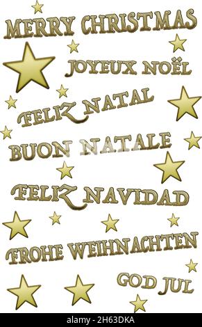 Frohe Weihnachten in englischer und europäischer Sprache, Vektorgrafik auf weißem Hintergrund Stock Vektor