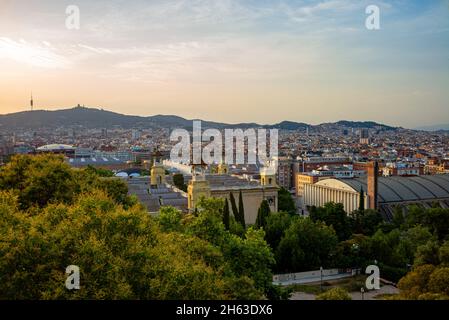 Schöner Blick vom mnac oder palau nacional auf die avinguda de la reina maria cristina und die plaza d espanya barcelona catalonia bei Sonnenaufgang Stockfoto