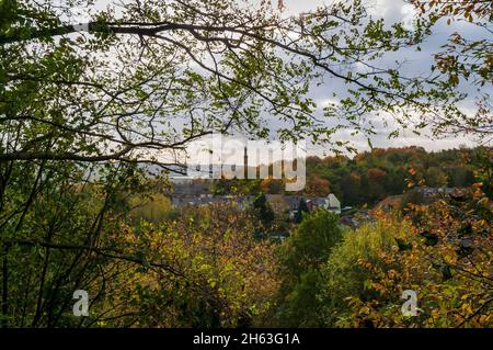 Blick vom Wincobank Wood über das Grimesthorpe Valley nach Burngreave in Sheffield, wo das hohe Minarett einer Moschee aus der dichten Baumdecke hervortritt. Stockfoto