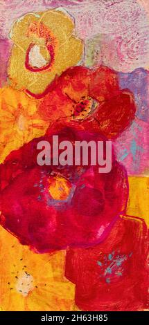 regine martin, Malerei, Acryl, Buntstift, mit Blattgold Beschichtung: Rote Blumen Stockfoto