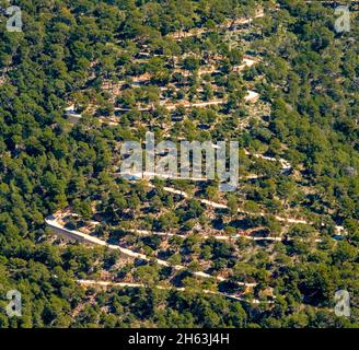 Luftbild, Serpentinenweg in der Nähe von Buñola, bunyola, pla de na tesa, cabaneta (sa), mallorca, balearen, balearen, balearen, spanien Stockfoto