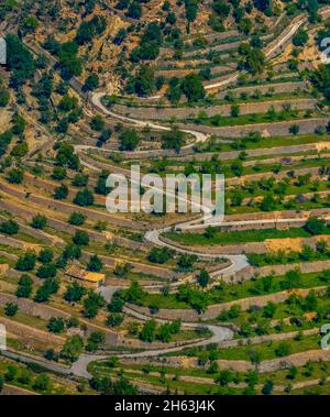 Luftbild, Serpentinenweg in der Nähe von Buñola, bunyola, pla de na tesa, cabaneta (sa), mallorca, balearen, balearen, balearen, spanien Stockfoto