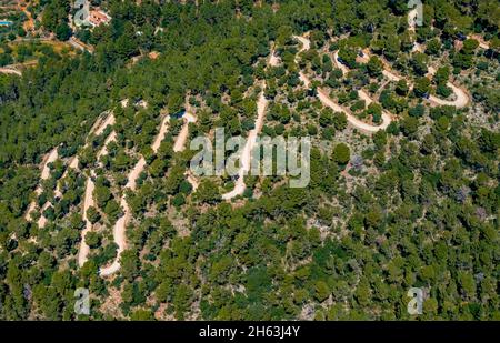 Luftbild, Serpentinenweg in der Nähe von Buñola, bunyola, pla de na tesa, cabaneta (sa), mallorca, balearen, balearen, balearen, spanien Stockfoto