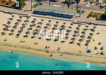 Luftbild, Strandleben und Sonnenbaden mit Strohschirmen,s'arenal,palma,mallorca,balearen,spanien Stockfoto