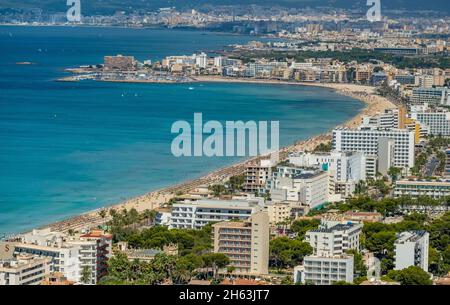 Luftbild, Bucht von palma, Sandstrand platja de s'arenal und Hotelanlagen in Las maravillas, palma, mallorca, balearen, spanien Stockfoto