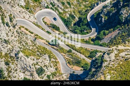 Luftbild, Serpentinen im tramuntana-Gebirge bei escorca, mallorca, balearen, spanien Stockfoto