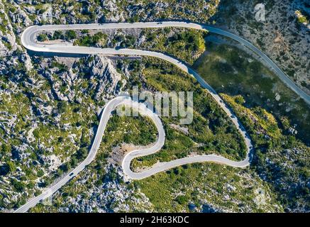 Luftbild, Serpentinen im tramuntana-Gebirge bei escorca, mallorca, balearen, spanien Stockfoto