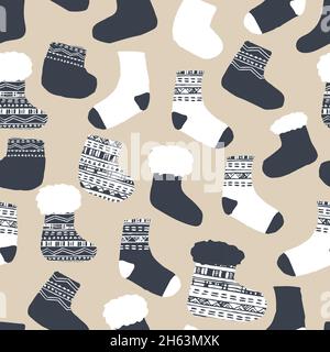 Nahtloses Strickmuster der Socken. Vektor-Illustration für Weihnachten Winterzeit in blau weiß beige Farben. Stock Vektor