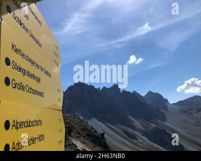 Wanderschild mit kalkkögel in der axamer lizum,stubaier alpen,axamer lizum,hochtennbodensteig,Natur,Berge,tirol,österreich Stockfoto
