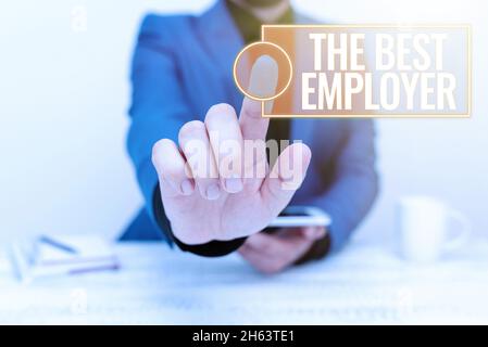 Schild mit dem Titel „Bester Arbeitgeber“. Wort für geschaffenen Arbeitsplatz, der Gehör vermittelt und die Möglichkeit hat, Kommunikationstechnologie Smartphone Voice zu präsentieren Stockfoto