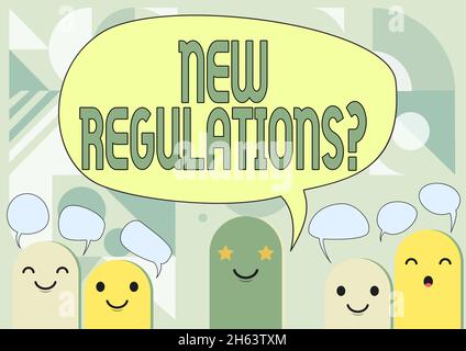 Text, der Inspiration zeigt Neue Regelungsfrage. Geschäftsidee Regeln gemacht Regierung Ordnung Kontrolle Weise etwas getan wird Cartoon Heads Zeichnung Stockfoto
