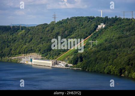 herdecke, Nordrhein-westfalen, deutschland - der hengsteysee ist ein 1929 fertiggebauter Stausee, der vom ruhrverband im ruhrgebiet zwischen den Städten hagen, dortmund und herdecke betrieben wird. Er ist einer der sechs stauseen des ruhrgebiets und nach dem benachbarten hagenviertel Hengstey benannt. Im Hintergrund das pumpspeicherkraftwerk rwe. Stockfoto