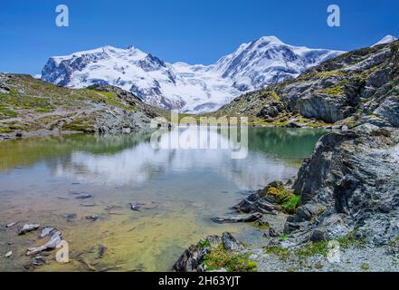 Kleiner Bergsee am rotenboden gegen monterosa-Gruppe mit der dufourspitze 4634m und liskamm 4533m,zermatt,mattertal,walliser alpen,wallis,schweiz Stockfoto