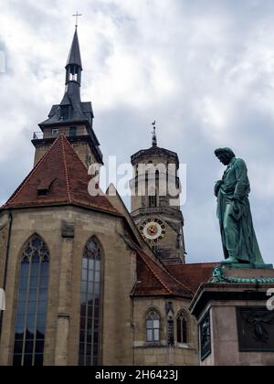 stiftskirche und schiller-Denkmal auf dem Marktplatz, stuttgart, baden-württemberg, deutschland, europa Stockfoto