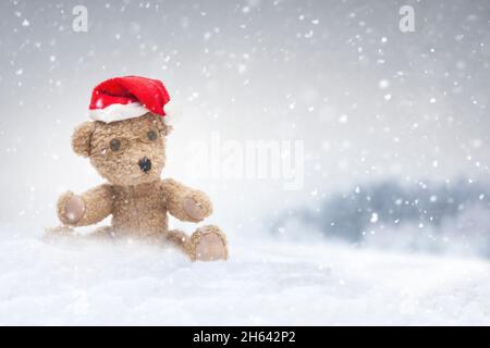 Kleiner Plüschteddybär im Schnee Stockfoto