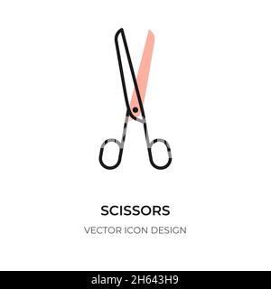 Symbol für flache Scherenlinie. Konturemblem Logo Schablone von Schere für Schönheitssalon oder Schneiderei. Piktogramm Einfache Haarschere Nahaufnahme. Modernes grafisches Schild. Isoliert auf weißer Vektorgrafik Stock Vektor