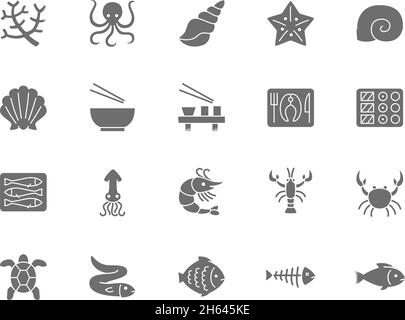 Set mit grauen Symbolen für Meeresfrüchte. Fischgräten, Fische, Flunder, Eel, Schildkröte, Krabben und mehr. Stock Vektor
