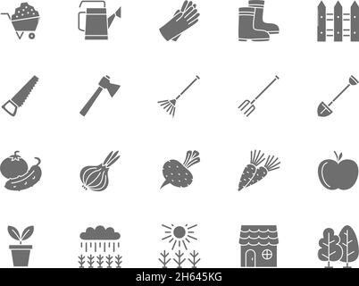 Set mit grauen Symbolen für die Landwirtschaft. Bäume, Wald, Haus, Feld, Blumentopf und mehr. Stock Vektor