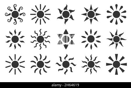 Sonnenstrahlen Stempel Boho Tattoo ethnische schwarze Silhouette gesetzt. Trendy Aufkleber Wetter Symbol stilisiertes Design mystische Dekor Abdeckung Aufkleber soziale Netzwerk Geschichten Collage minimal drucken Ethno isoliert auf weiß Stock Vektor