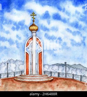 Aquarell-Gemälde einer Kapelle mit Glocke. Architektonische Skizze eines religiösen Gebäudes. Das Konzept der Ostererinnerungen, Karten und Magnete. Natur Stockfoto