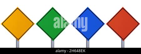 Leere quadratische Verkehrspost Straßenschild Etikett Multi-Farben isoliert auf weißem Hintergrund Stockfoto