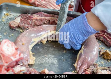 Qazy, Pferdefleischwurst wird in qarta (Pferdedarm) gestellt. Von Hand in Handschuhen verpackt, um auf dem Fleischmarkt Altyn Orda, Almaty, Kasachstan, verkauft zu werden Stockfoto