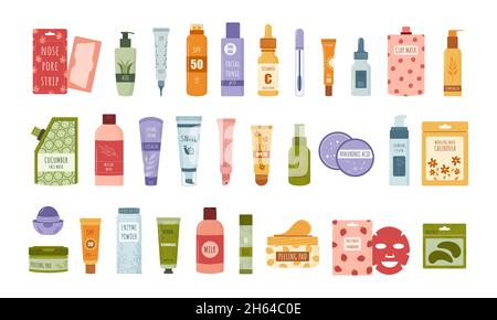 Schönheitsroutine. Set aus koreanischen Hautpflegeprodukten zur Reinigung, Straffung und Feuchtigkeitspflege. Gesichtsbehandlung natürliche organische Kosmetik. Handgezeichnete Symbole. Vektor Stock Vektor