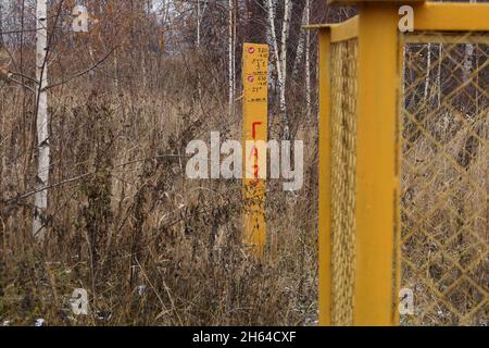 Gelbe Betonsäule mit Warnschild Gas, im Freien im Gras. Gasleitungen, Ventile und Geräte für ein Gas Stockfoto