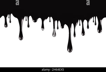 Realistische schwarze Farbe tropft isoliert auf einen weißen Hintergrund. Die fließende schwarze Flüssigkeit. Tropfender Lack. Vektorgrafik Stock Vektor